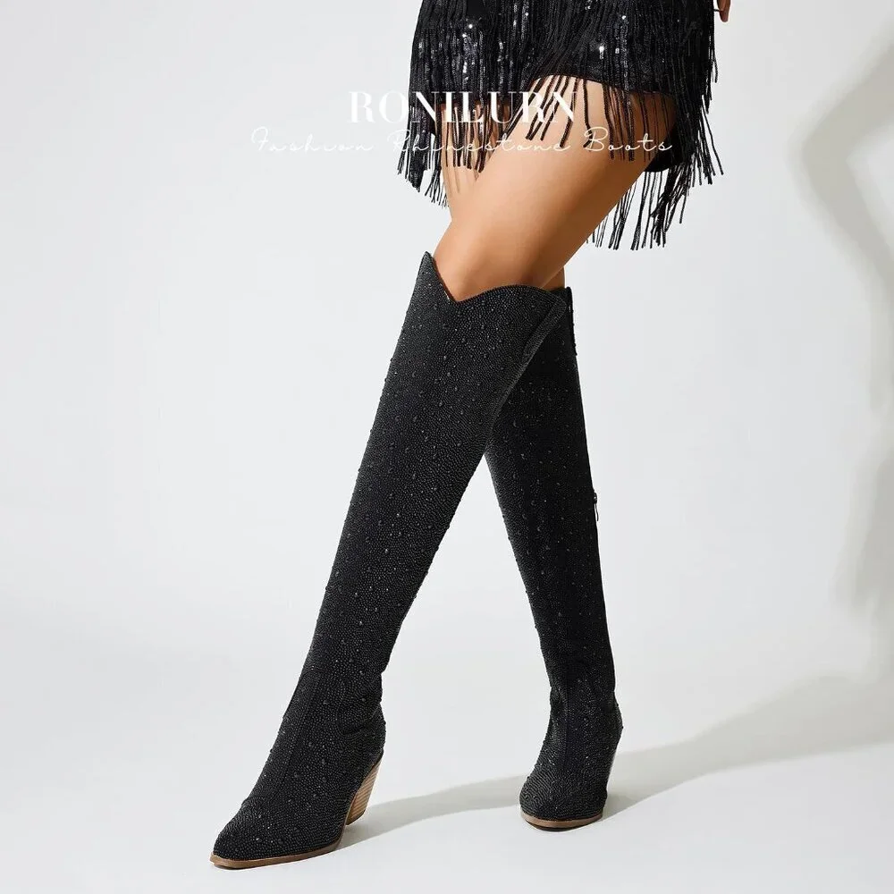 Women Black Faux Leather Sparkly Bling Rhinestone Over the Knee Cowboy Boots